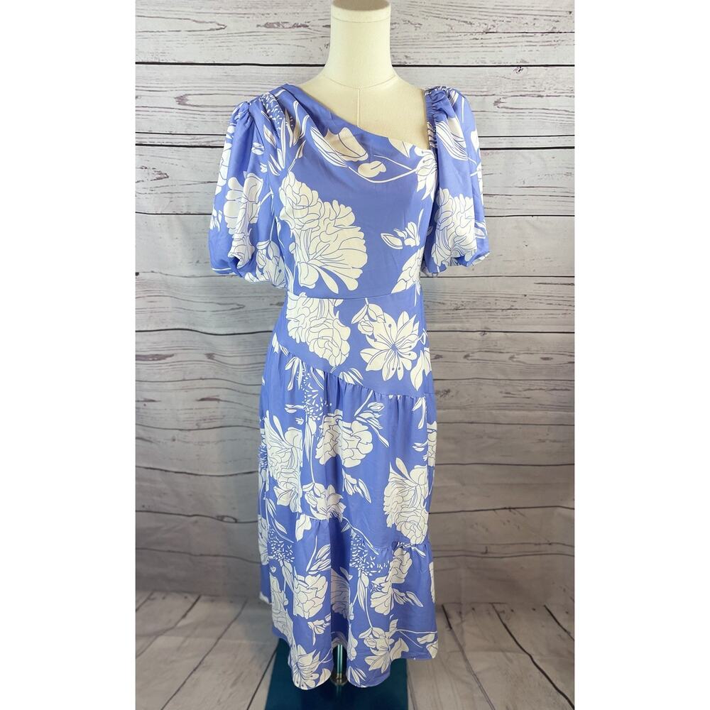 NWT Style State Floral Midi Dress Women’s Size 10 Blue White Asymmetrical - Picture 5 of 7